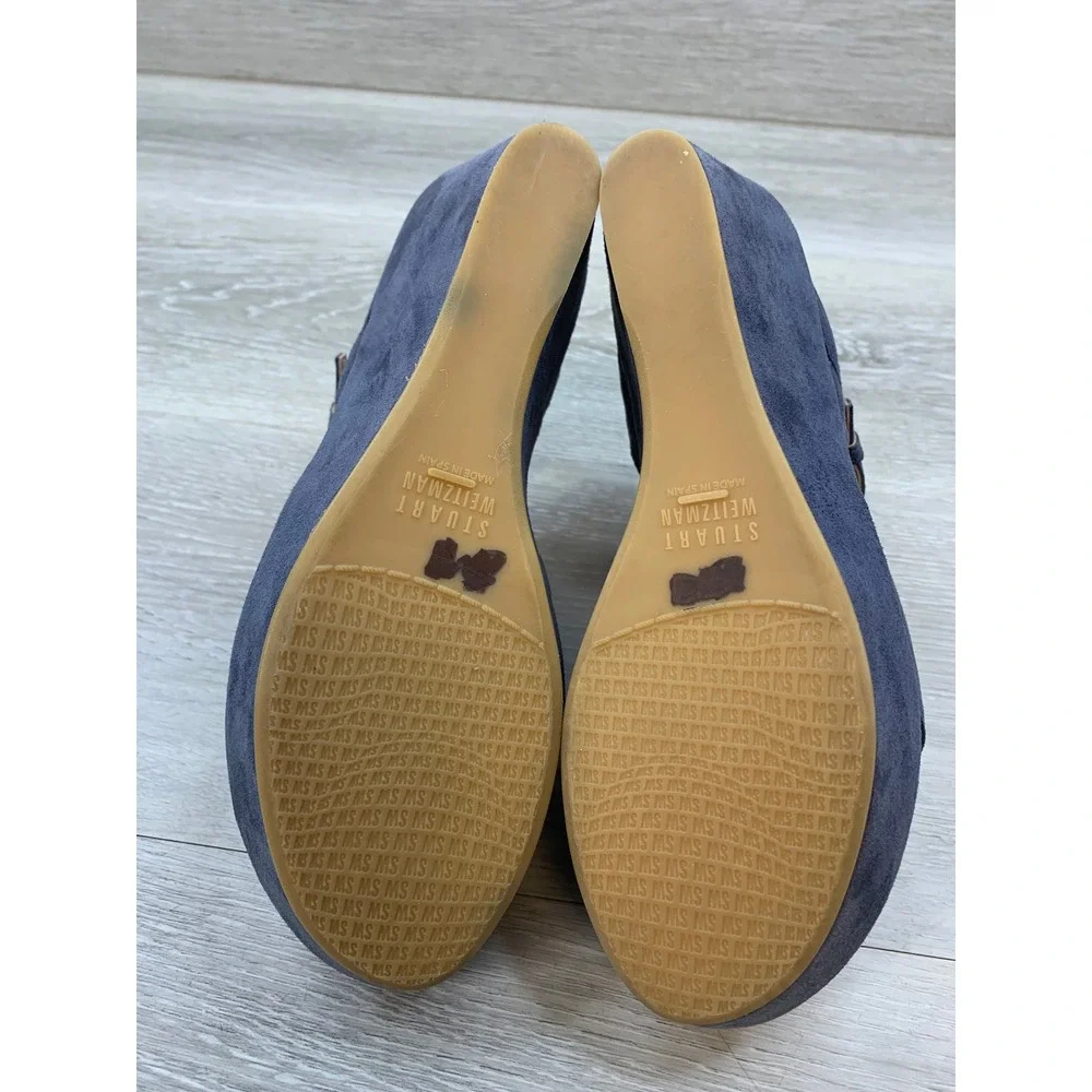 Stuart Weitzman Navy Blue Suede Platform Wedge Sandals Peep Toe Size 6 Spain